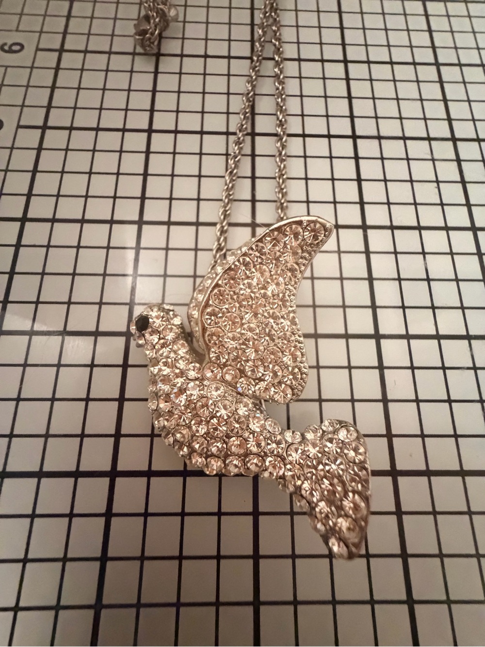 Crystal Pavé Dove Pendant and Brooch Necklace - Silver Tone
